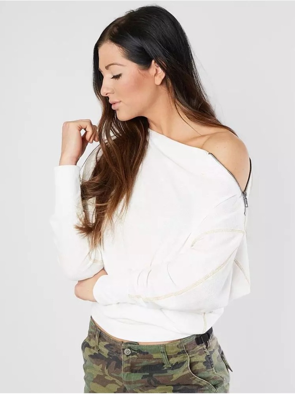 Free People Nikala Boat Neck Zipper Long Sleeve Top